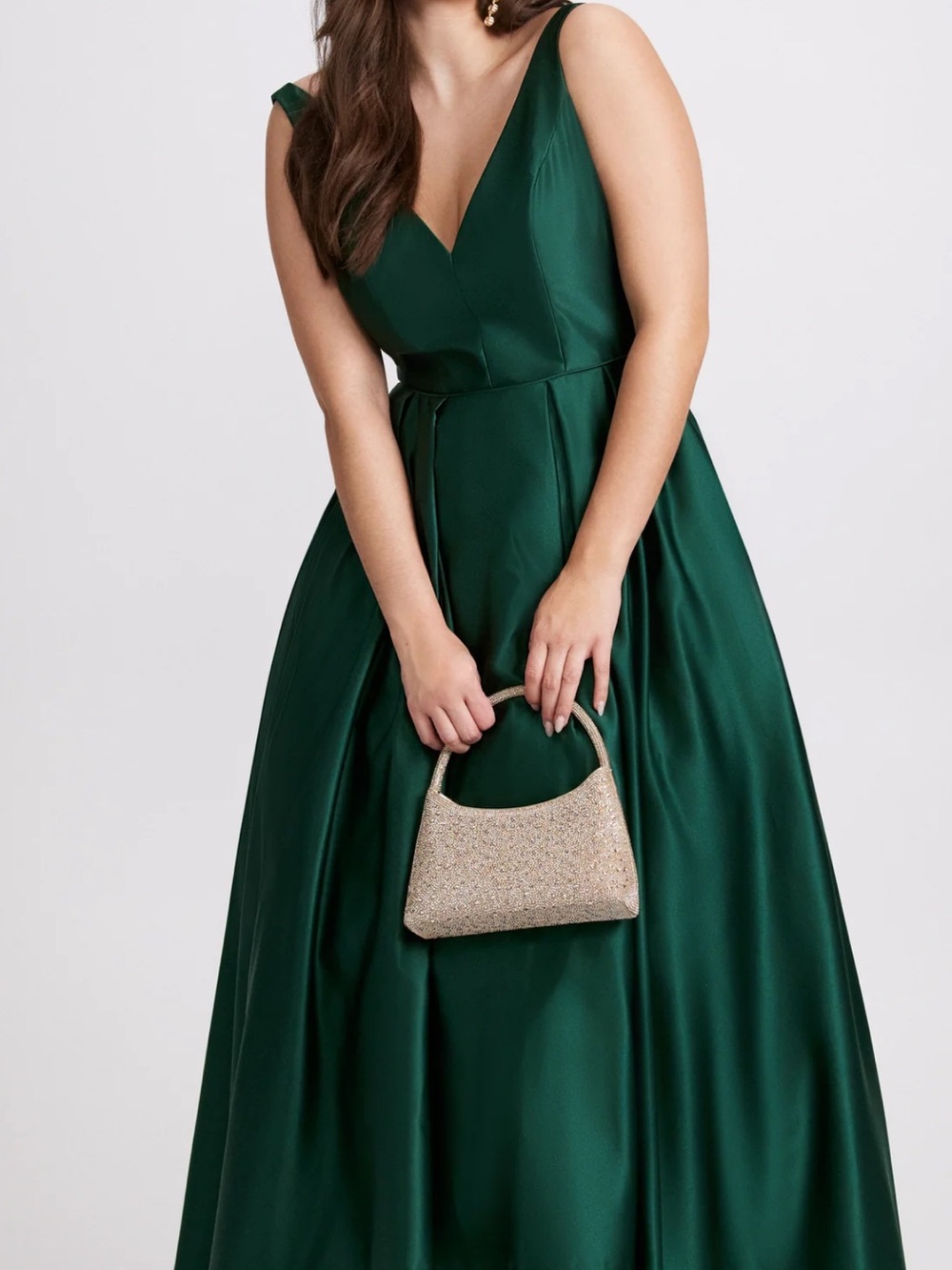 Satin V-Neck Ball Gown in Emerald Green